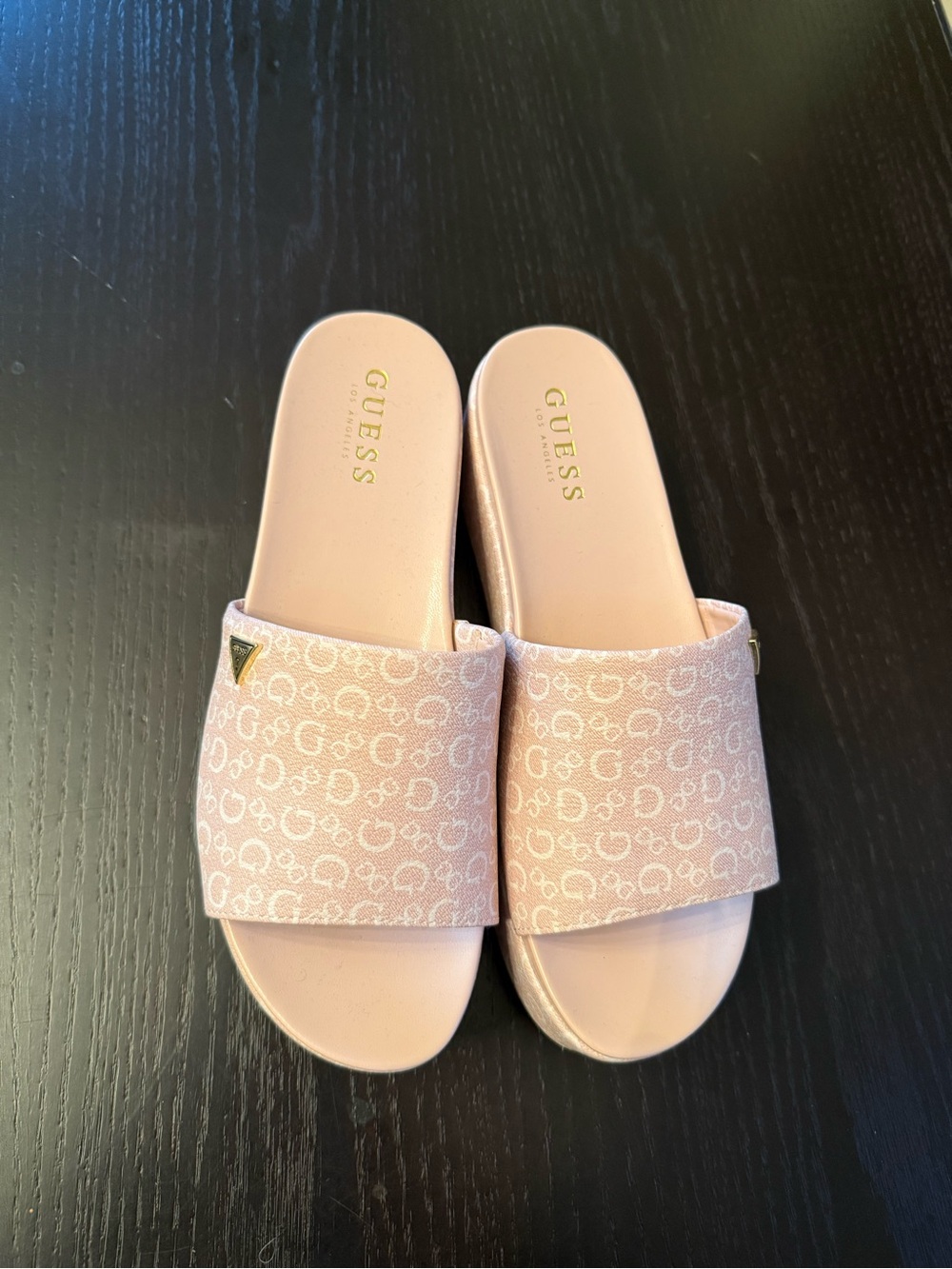 Guess Light Pink Monogram platform Slide Sandals with Gold Accent